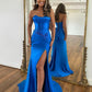 Robe de soirée longue sirène à col en cœur bleu, robe de soirée en satin bleu nv1520