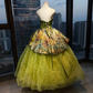 Strapless Lime Green Vintage Ball Gown Metallic Oil Painting Jacquard Overskirt Ruffle Tulle Prom Dress  NV7031