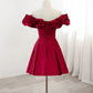 Robe de bal courte en satin à épaules dénudées et coupe A-line rouge bordeaux nv2115