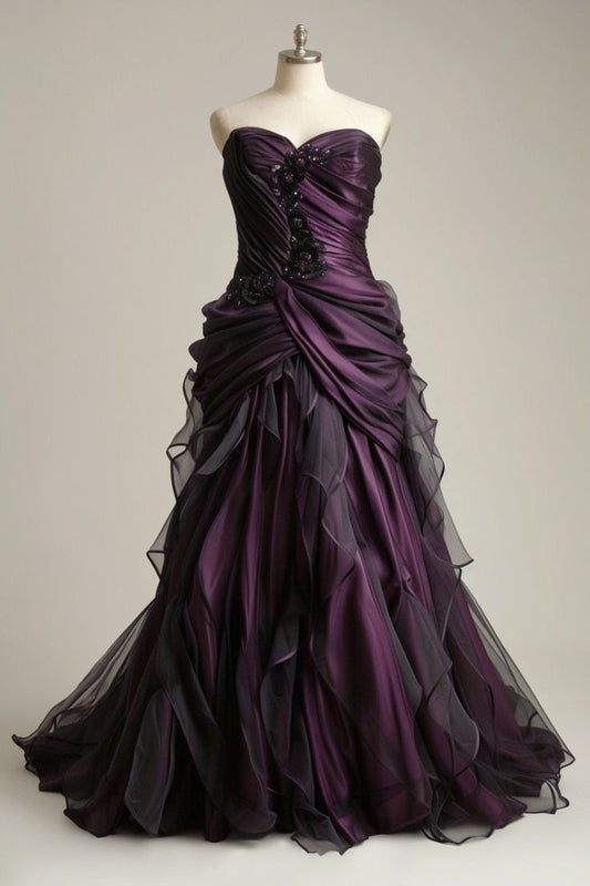 Lila wunderschöne elegante zarte florale Perlen lange plissierte Satin Tüll Satin Ballkleid Abendkleid Brautkleid nv3676