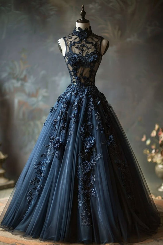 NiceVestidos – Marineblaues Tüll-Stehkragenkleid mit 3D-Stickerei, bodenlang, im Court-Stil, verziert NV6212
