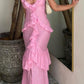 Rosa, gerüschtes Chiffon-elegantes langes Spaghettiträger-Ballkleid für Hochzeitsgäste, NV5202