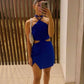 Robe de soirée courte à lacets bleus simples, col licou, épaules dénudées, taille basse, mini, robe de soirée nv2383