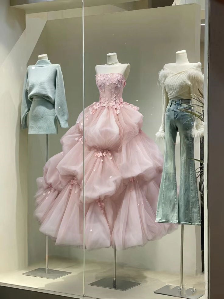 Robe de soirée longue en tulle rose, élégante et exquise, avec des appliques florales, robe de mariée nv3819