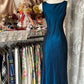 Robe de soirée sirène longue en satin bleu élégant, coupe trapèze, style rétro, robe de bal, robe de fête d'anniversaire, nv3989