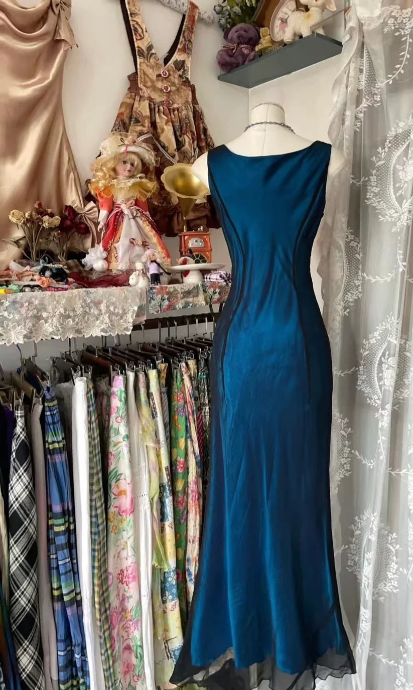 Robe de soirée sirène longue en satin bleu élégant, coupe trapèze, style rétro, robe de bal, robe de fête d'anniversaire, nv3989