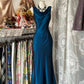 Robe de soirée sirène longue en satin bleu élégant, coupe trapèze, style rétro, robe de bal, robe de fête d'anniversaire, nv3989