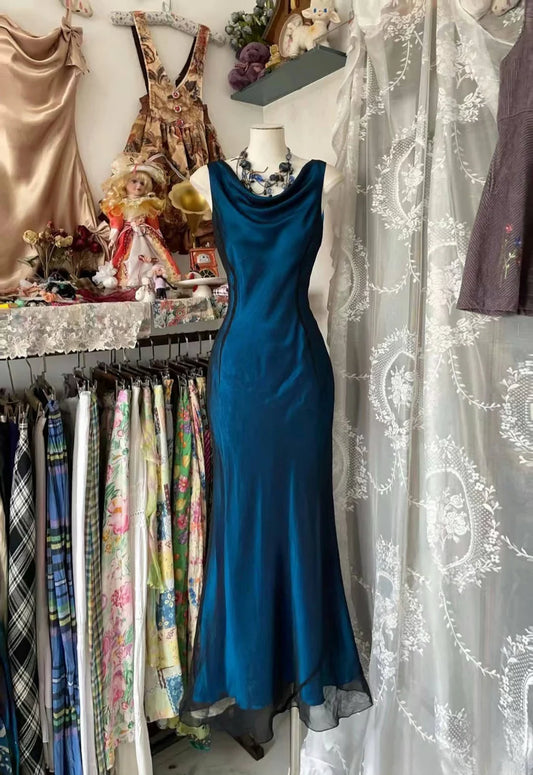 Blaues elegantes A-Linien-langes Satin-Meerjungfrauen-Retro-Abendkleid Geburtstagspartykleid Ballkleid Ballkleid nv3989