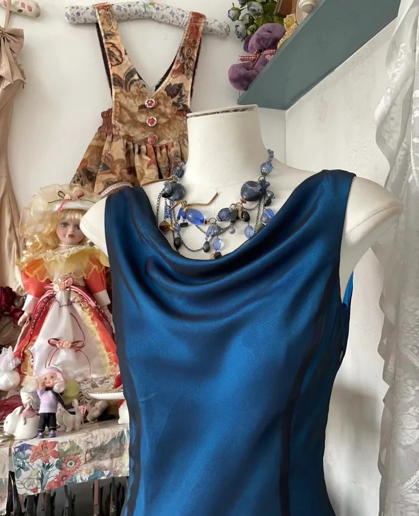 Robe de soirée sirène longue en satin bleu élégant, coupe trapèze, style rétro, robe de bal, robe de fête d'anniversaire, nv3989