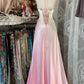 Robe de soirée longue en satin rose dégradé, coupe trapèze, avec perles, style vintage, fendue, robe de bal, robe d'anniversaire, nv3988