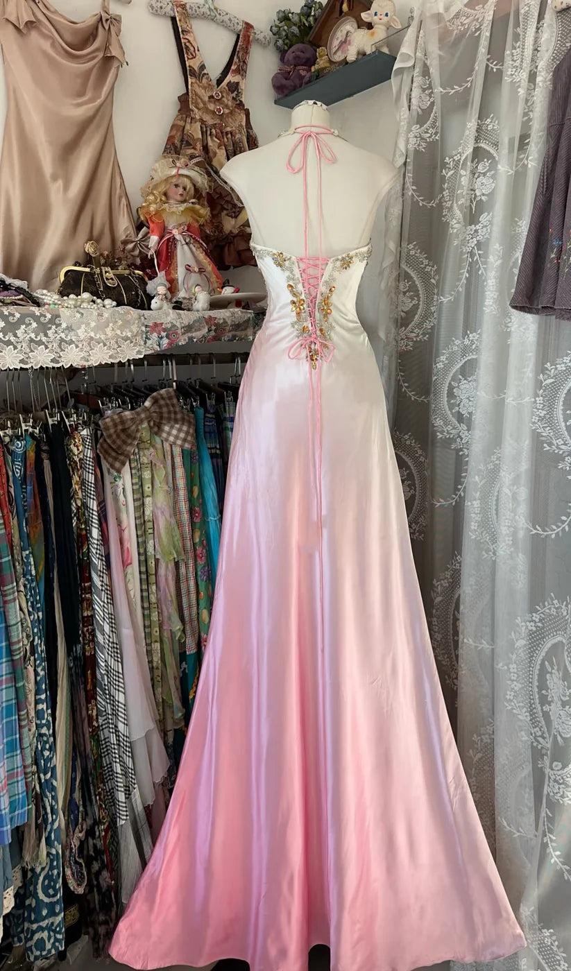 Robe de soirée longue en satin rose dégradé, coupe trapèze, avec perles, style vintage, fendue, robe de bal, robe d'anniversaire, nv3988