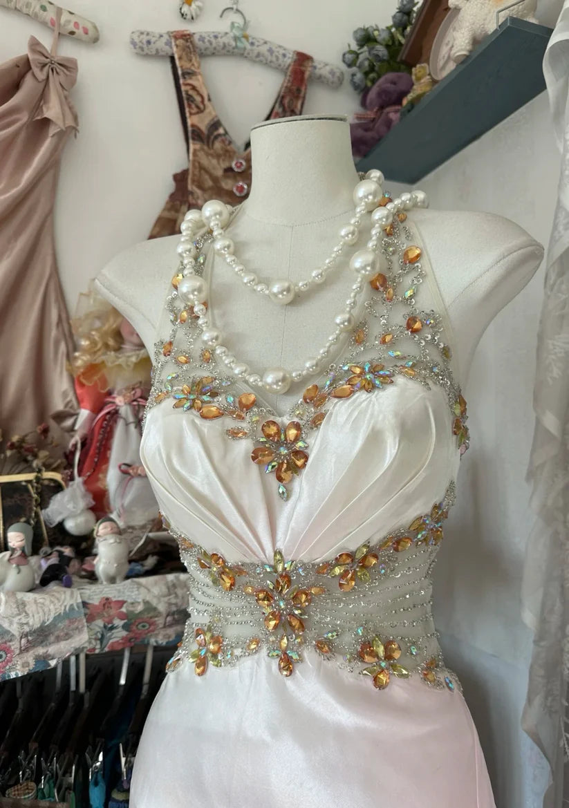 Robe de soirée longue en satin rose dégradé, coupe trapèze, avec perles, style vintage, fendue, robe de bal, robe d'anniversaire, nv3988