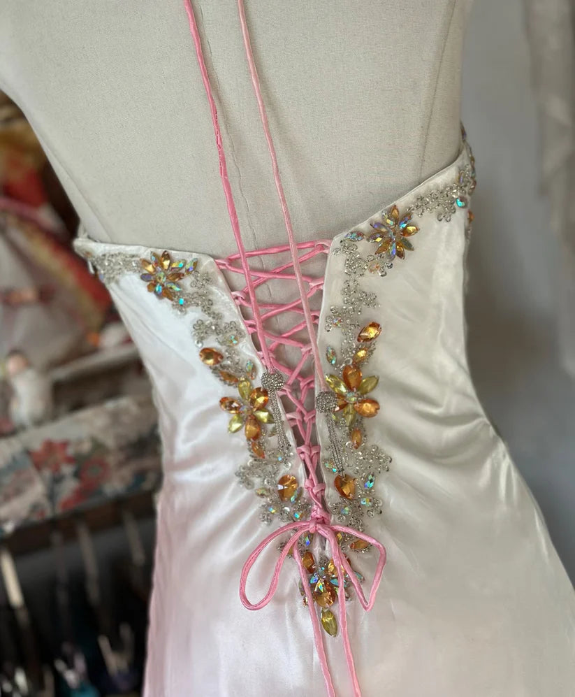 Robe de soirée longue en satin rose dégradé, coupe trapèze, avec perles, style vintage, fendue, robe de bal, robe d'anniversaire, nv3988
