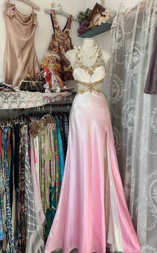 Rosa A-Linie Farbverlauf Satin Perlen Langes Satin Vintage Schlitz Abendkleid Geburtstagspartykleid Ballkleid Ballkleid nv3988