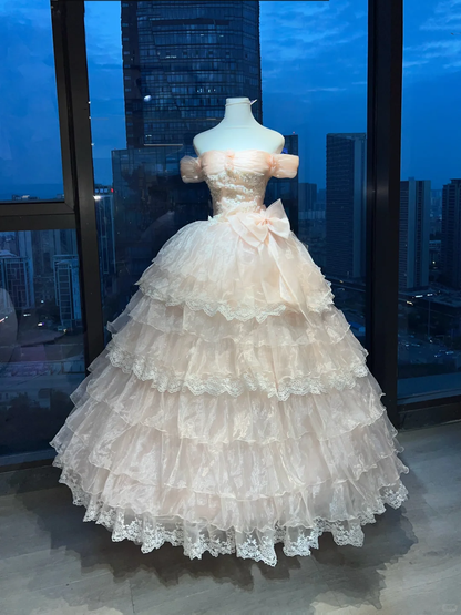 Off Shoulder Light Pink Princess Prom Dress Puff Sleeve Lace Tiered Tulle Ball Gown With Big Bow  NV6987