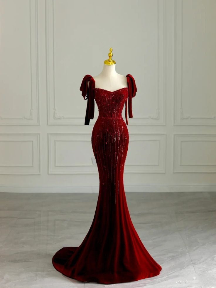 Burgundy Shiny Elegant Spaghetti Strap Long Velvet Sequin Ball Gown Evening Dress Party Dress nv3470