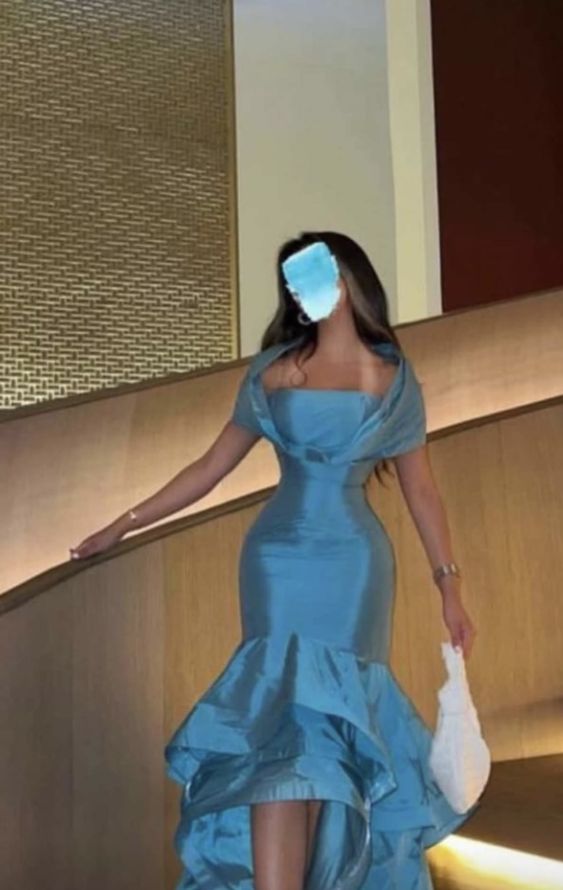 Robe de soirée longue bleue à volants et épaules dénudées, style sirène, robe de bal, robe de soirée nv2035
