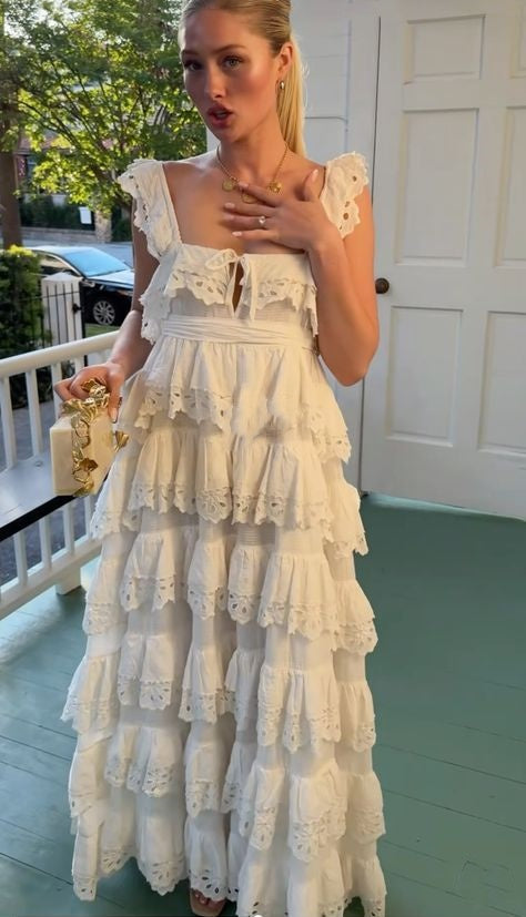 White exquisite elegant lace long ruffled tulle ball gown evening dress party dress nv3362