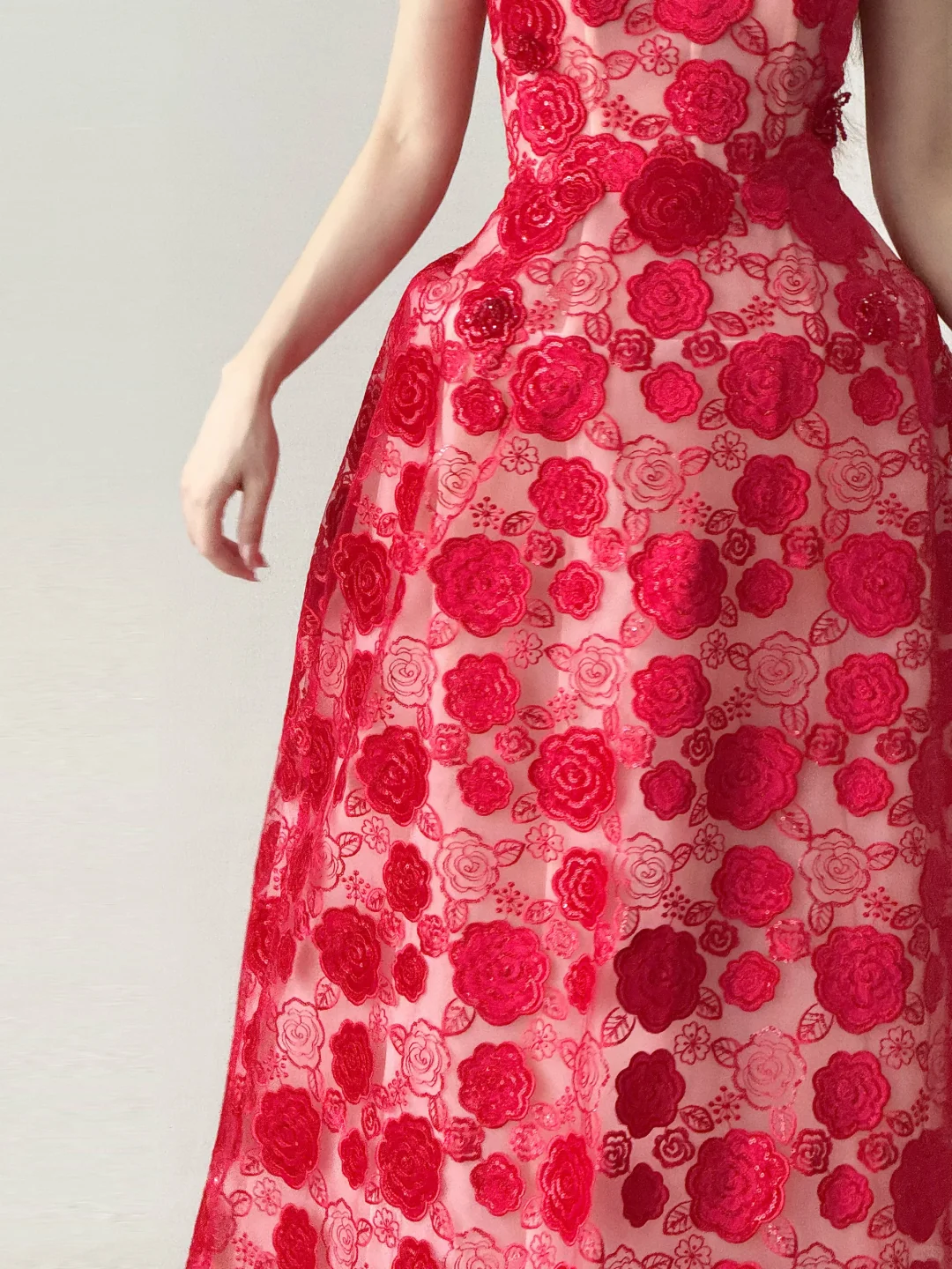 Red Strapless A Line Tulle Evening Dress 3D Flower Applique Gown  NV7116