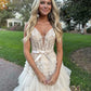 Robe de bal longue en tulle et dentelle à col en V champagne, robe de soirée champagne nv1522