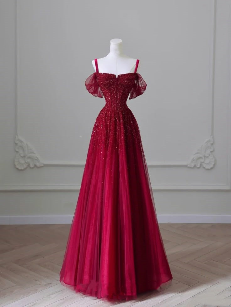 Burgunderrot, wunderschönes, modisches, exquisites, perlenbesetztes A-Linien-Abendkleid mit Pailletten und langem Tüll, elegantes, bodenlanges Ballkleid, Abendkleid nv3817