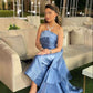 Blue fashion elegant tube top off shoulder trail irregular ruffle fishtail long ball gown evening dress party dress nv2543