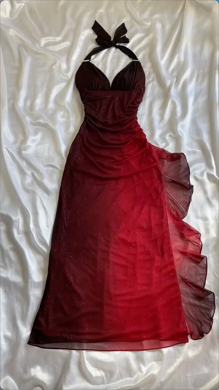 Burgunderrotes, glänzendes, modisches Sling-Kleid aus Tüll mit Farbverlauf, langes Ballkleid, Abendkleid, Partykleid, NV3575