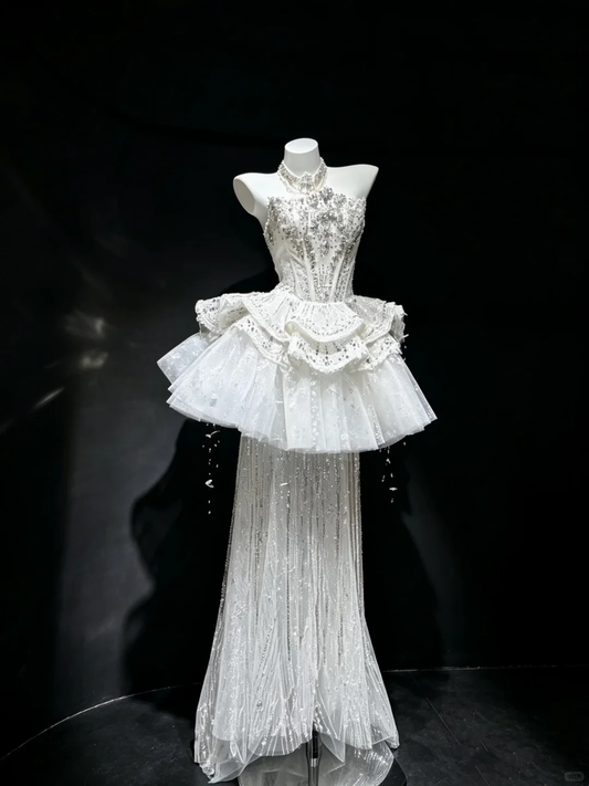 White High Neck Strapless Corset Evening Gown Rhinestone Beaded 2-in-1 Ruffle Tulle Mermaid Long Train Prom Dress  NV6997