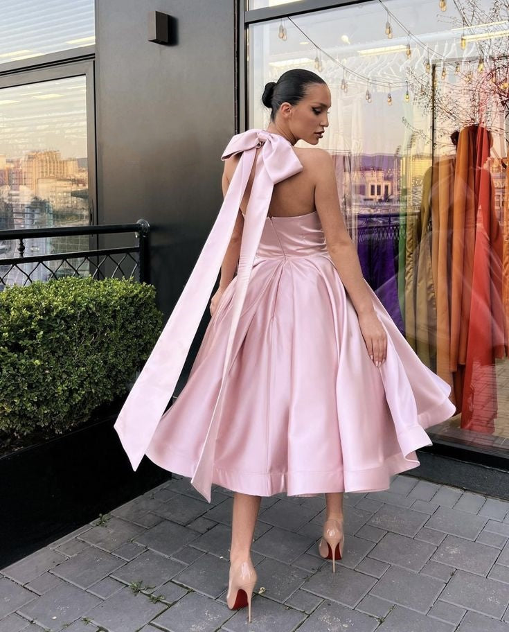 Pink Solid Sleeveless Backless Satin Bow Sweetheart Elegant A-Line Midi Ankle Length Evening Dress Wedding Guest Dress Homecoming Dress nv2512