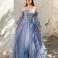 A-Linie Herzausschnitt Tüll Grau Blau Spitze Langes Ballkleid, Grau Blau Formelle Abendkleid nv1526