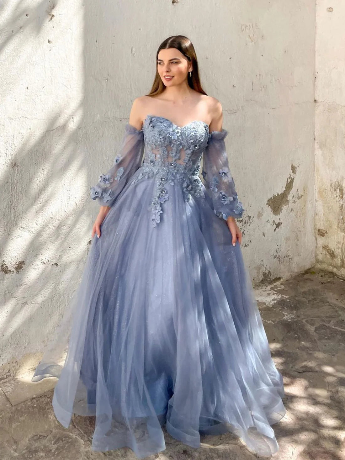A-Linie Herzausschnitt Tüll Grau Blau Spitze Langes Ballkleid, Grau Blau Formelle Abendkleid nv1526