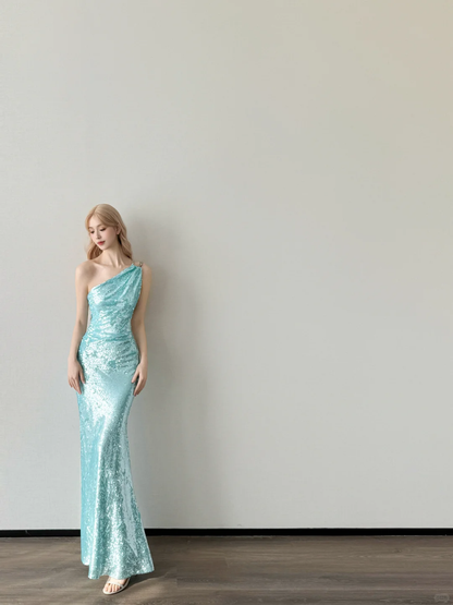 Light Lake Blue One Shoulder Prom Gown Full Sequin Ruched Mermaid Long Evening Dress  NV7155