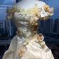Off Shoulder Cream Yellow Victorian Wedding Dress Puff Sleeve 3D Flowers Ruffled Satin Lace Long Train Ball Gown  NV6978