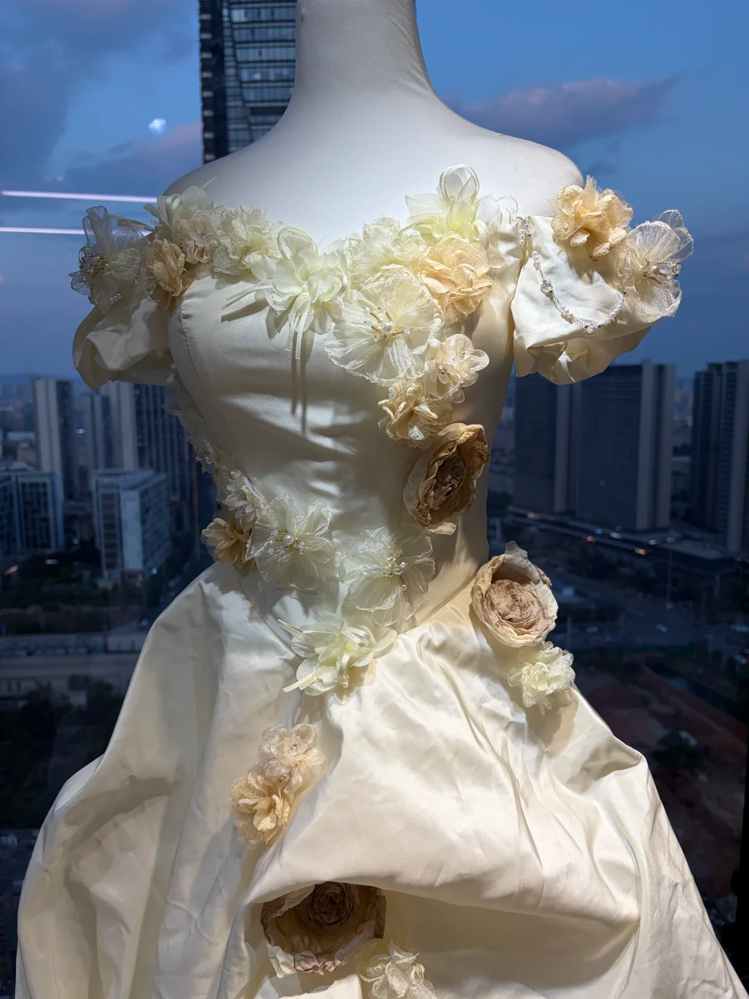 Off Shoulder Cream Yellow Victorian Wedding Dress Puff Sleeve 3D Flowers Ruffled Satin Lace Long Train Ball Gown  NV6978