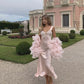 Pink Fashion Lace Strap Ankle Length Long Satin Ball Gown Prom Dress Evening Gown with Pink Tulle Shawl nv3291