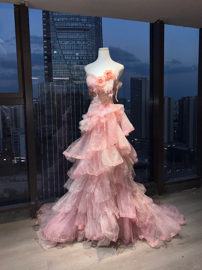 Strapless Pink Mermaid Prom Dress Hand Beaded Rhinestone 3D Flower Tiered Glitter Tulle Train  NV7038