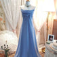 Robe de soirée longue en satin bleu élégant à bretelles spaghetti, robe de bal, robe de soirée, robe de bal nv4025