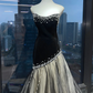 Black Velvet Strapless Mermaid Evening Gown Handmade Pearl Beading Ombre Sheer Tulle Long Prom Dress  NV7018