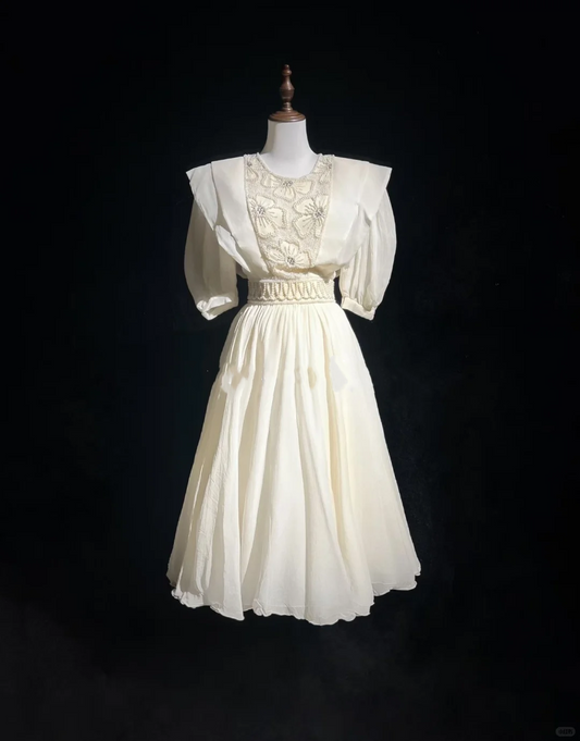 Cream White Vintage Tea Length Prom Dress Round Neck Puff Sleeve Floral Beaded Chiffon A-Line Formal Gown  NV6904