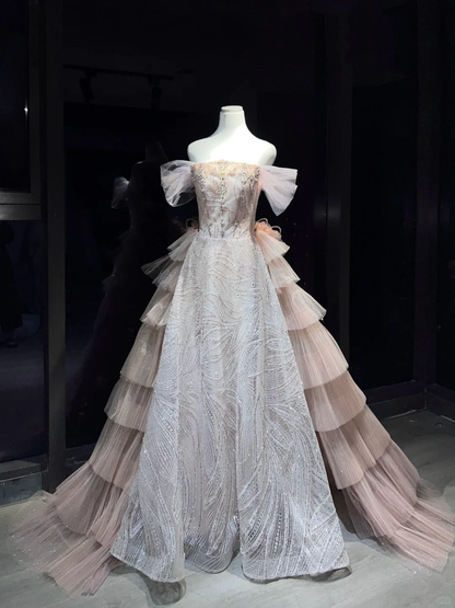 Blush Ombre Sequin Tulle Long Evening Gown Off The Shoulder Tiered Ruffle Ball Gown Prom Dress  NV7074
