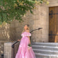 Pink Off-the-shoulder Ruffle Chiffon Lace A-line Sweet Long Prom Gown Party Dress nv2694