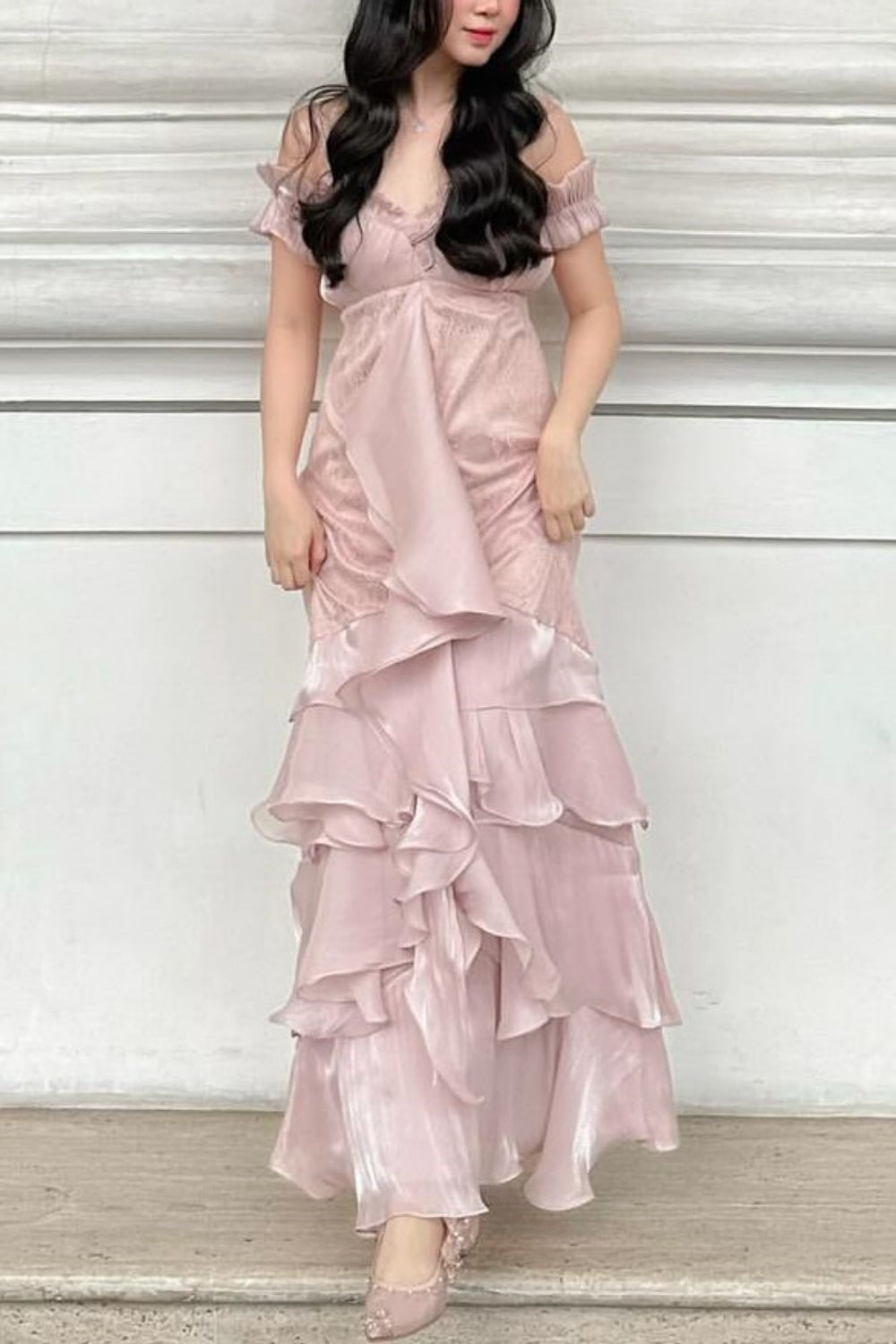 NiceVestidos - Robe de bal longue en mousseline de soie et dentelle rose NV5831