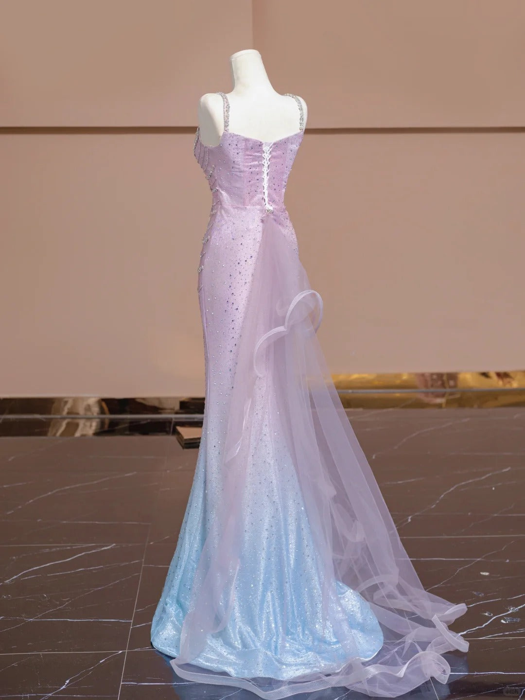 Blau Rosa Glitzer Perlen Ombre Lange Tüll Meerjungfrau Bodycon Bodenlangen Ballkleid Abendkleid Partykleid nv5054