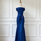 Deep Sea Blue Off-Shoulder Gown - Cowl Neck Beaded Knot Train Evening/Red Carpet/Theme Ball Maxi Dress NV6824