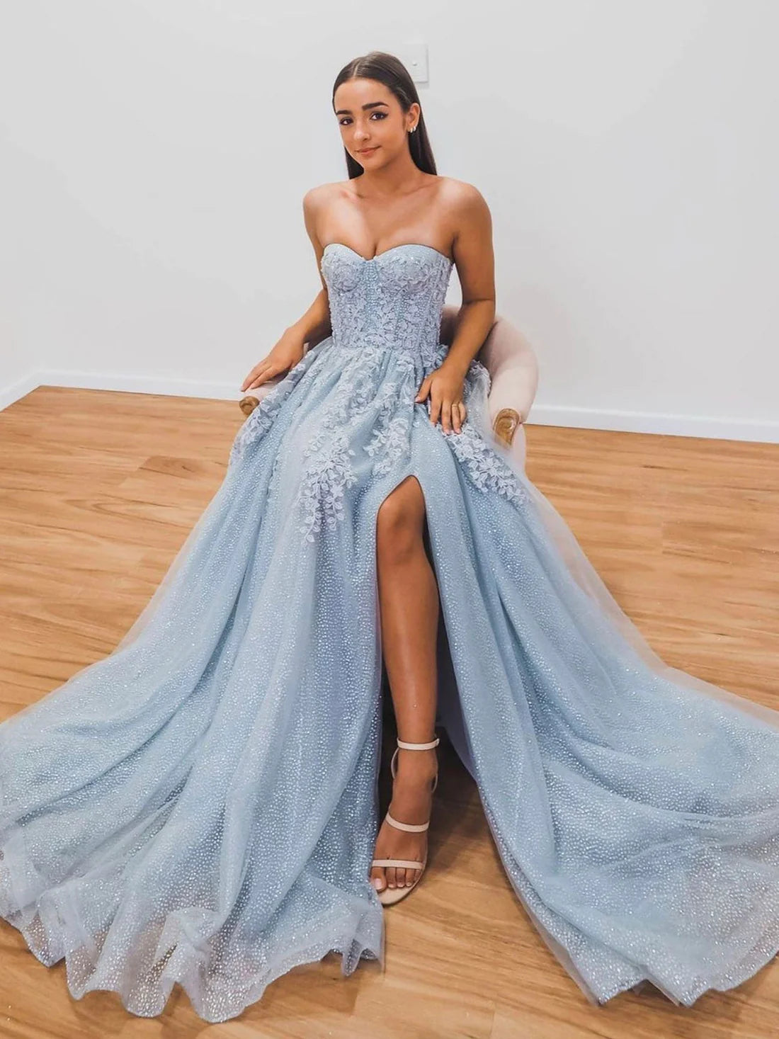 A-Linie Herzausschnitt Blau Lange Ballkleider, Blaues formelles Abschlusskleid nv1530