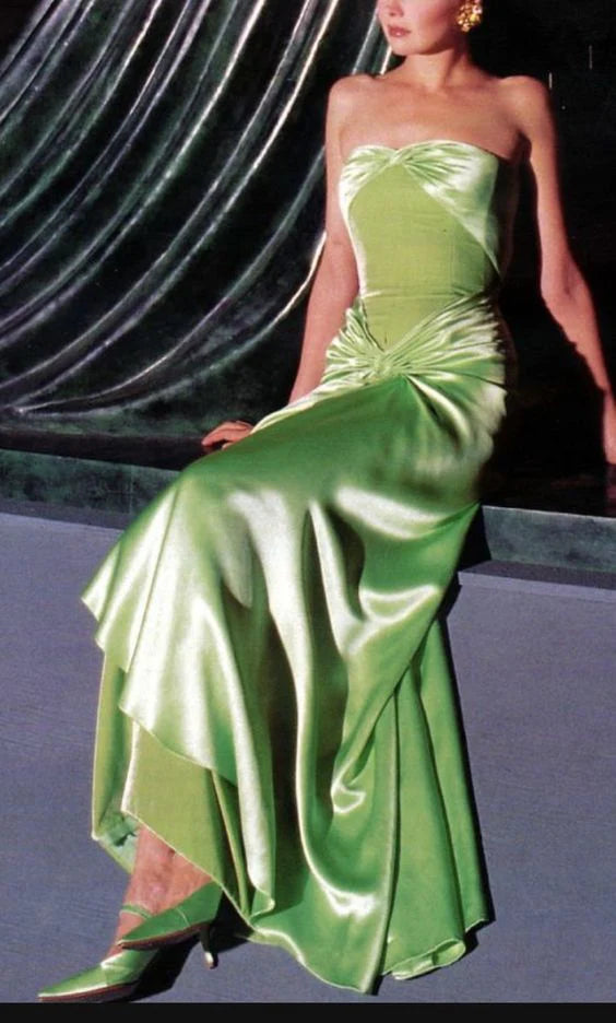 Robe de soirée moulante en satin et velours vert à épaules dénudées, longue, vintage, nv1931
