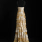 Robe de soirée longue à volants en mousseline de soie à paillettes marron et jaune vintage nv5208