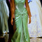 Robe de soirée moulante en satin et velours vert à épaules dénudées, longue, vintage, nv1931