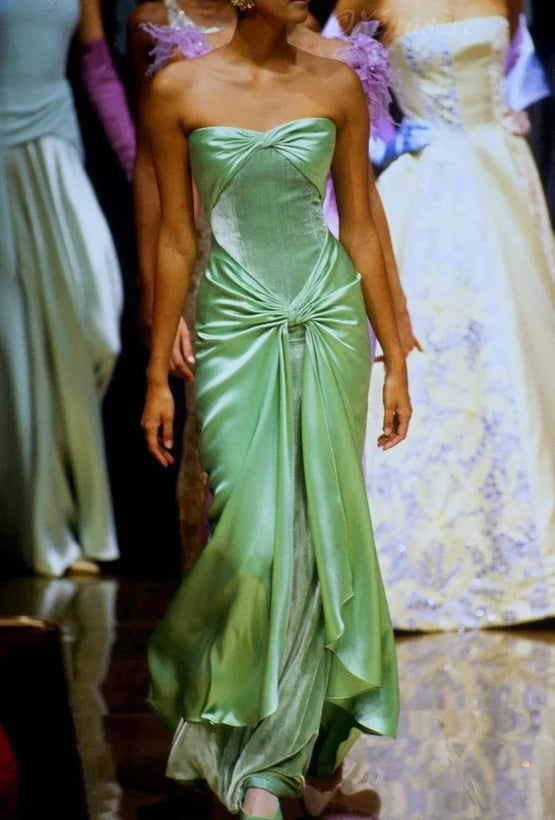 Robe de soirée moulante en satin et velours vert à épaules dénudées, longue, vintage, nv1931