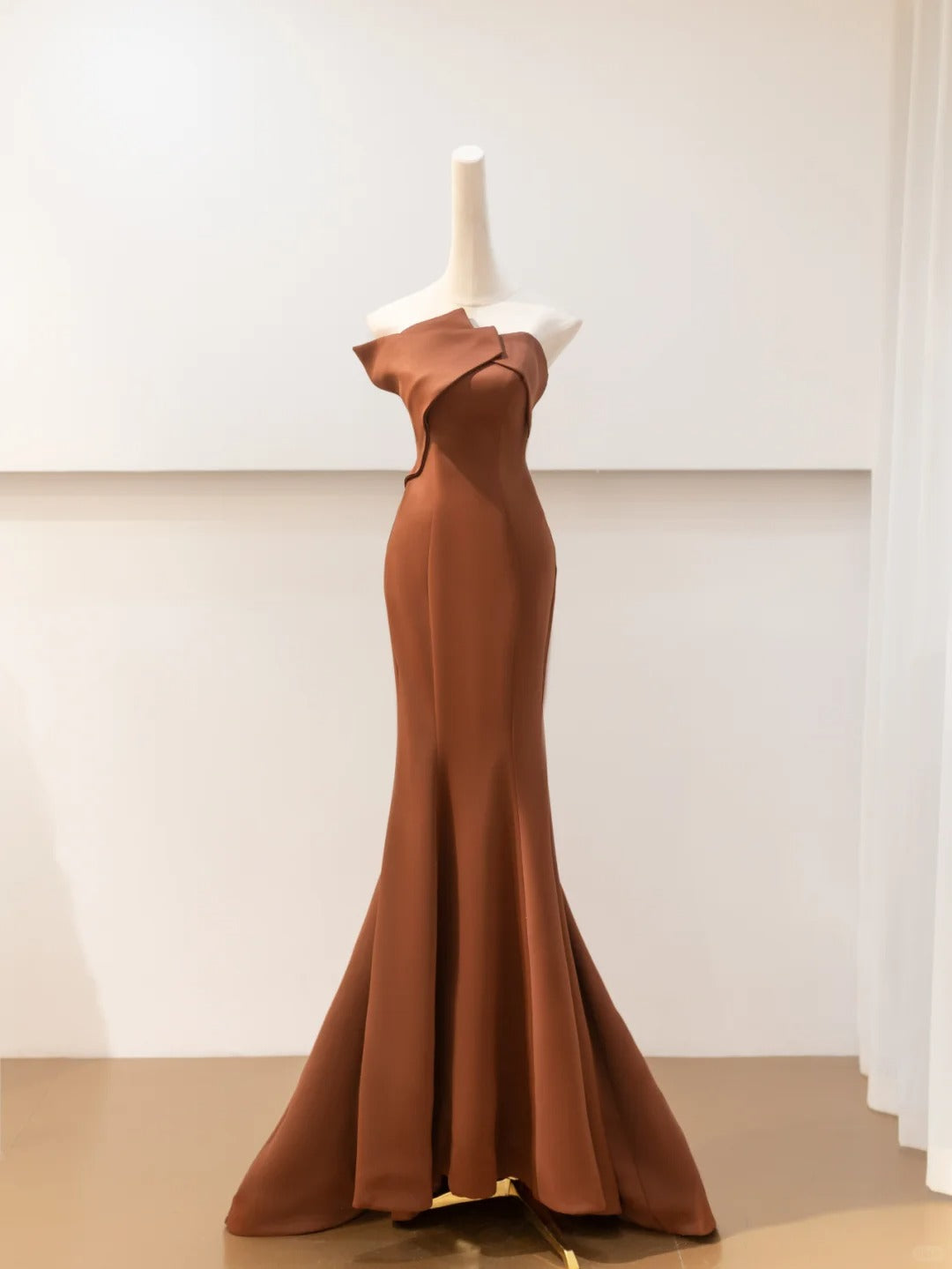 Robe de soirée longue en satin marron, élégante, style sirène, en tulle, nv4752